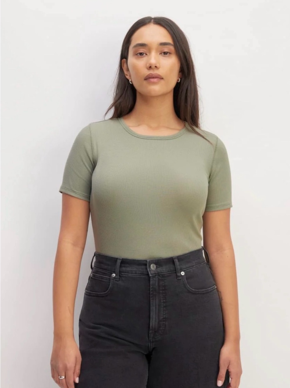 Everlane The Luxe Rib Crew in Sage Green M Polished Effortless Style Clean Girl